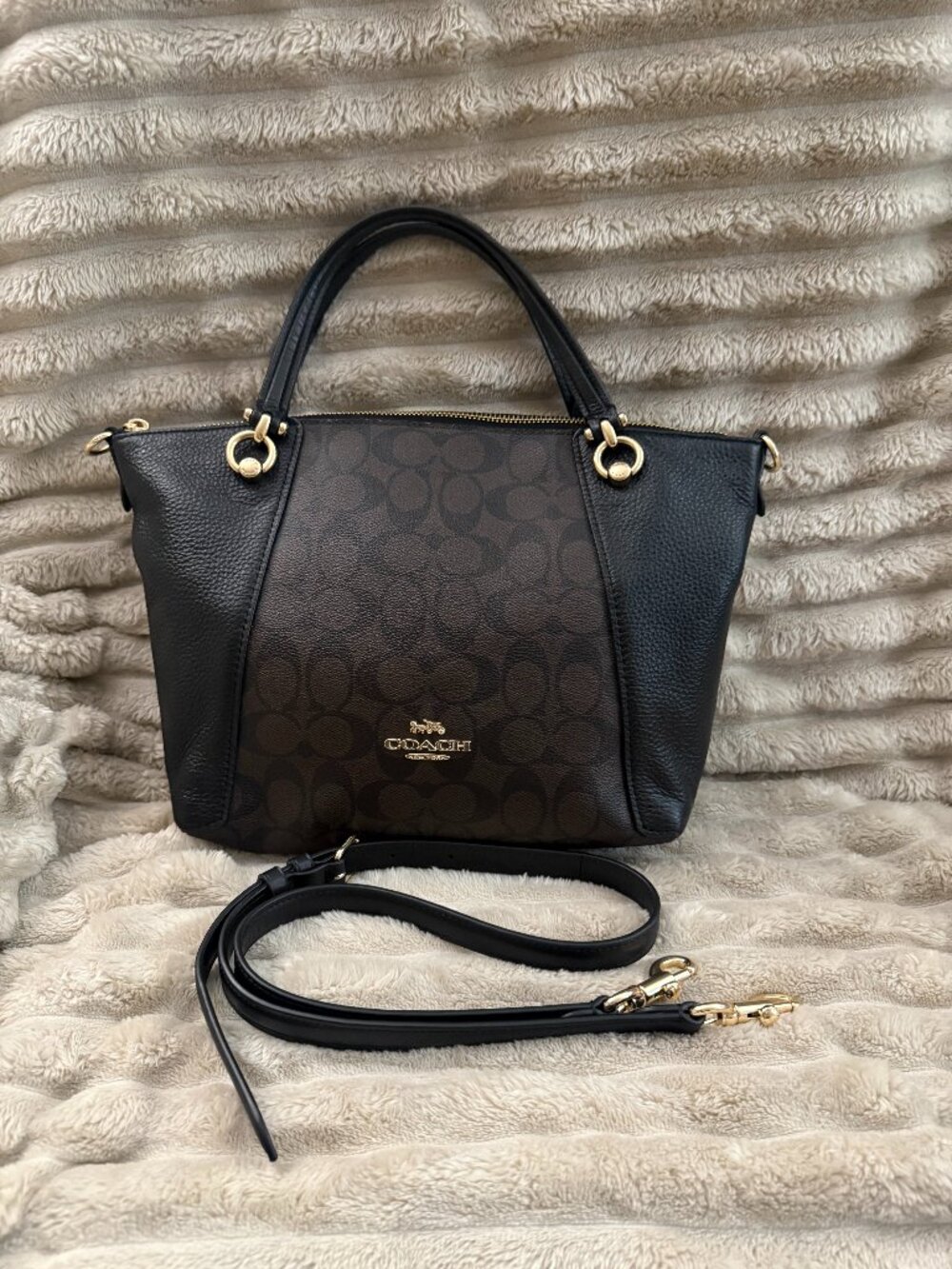 Coach Kacey Satchel C6230 Signature Canvas Brown Black Gold Crossbody Handbag